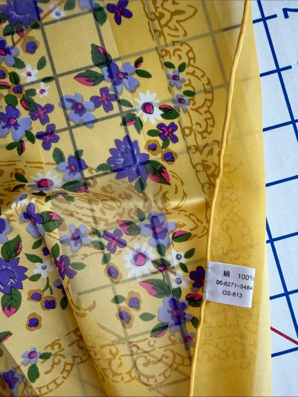 Vintage Mitsukoshi 100% Silk Floral Scarf Yellow Purple Japanese Square 26.5”